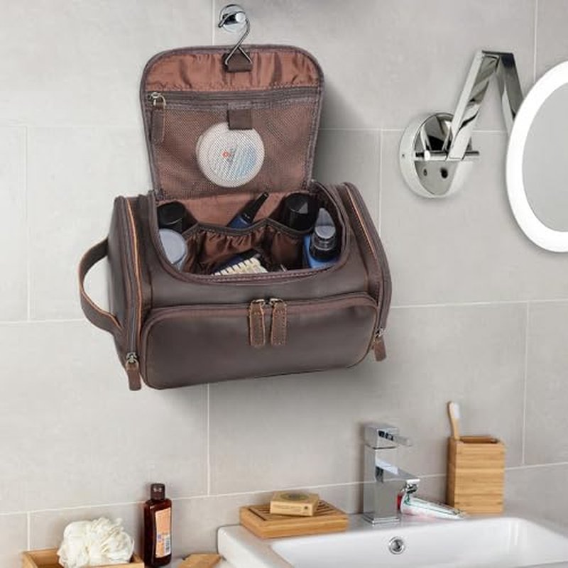 Polare Full Grain Leather Toiletry Case Bag Travel Dopp Kit Organizer Hanging Makeup Cosmetic Shaving Kit Wash Case for Men