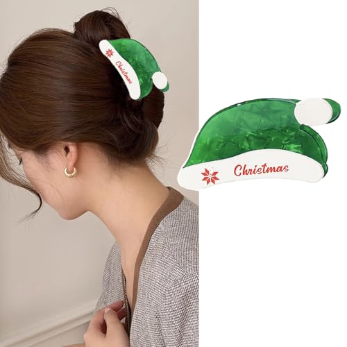 Christmas Hair Claw Clips Santa Hat Hair Clip Xmas Green Santa Hat Design Hair Jaw Clips Snowflake Acrylic Non-Slip Clamp Clips Cute Christmas Hair Accessories for Women and Girls, 1PCS