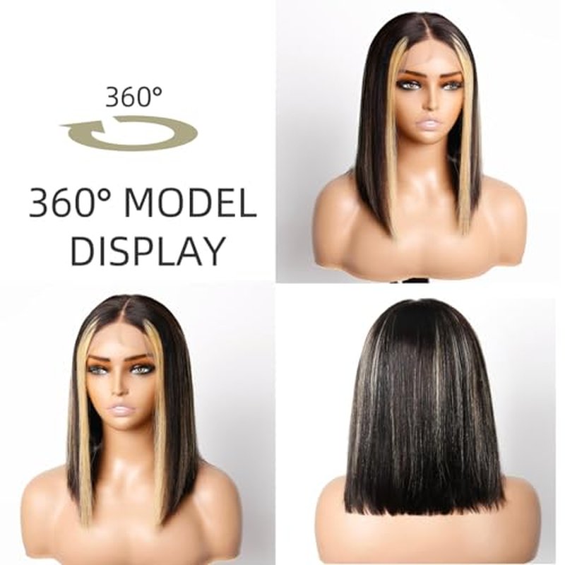 Highlights Bob Wigs Human Hair, Wear and Go Glueless Wigs 5x5 HD Lace Front Short Straight Bob Wigs Pre Plucked Pre Cut for Black Women Transparent Closure Virgri Wigs 180% Density 12 Inch