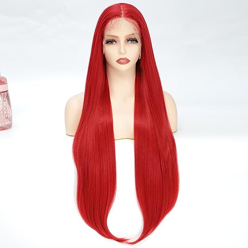 X-TRESS 32 Inch Red Lace Front Wig 13x4 Staight Hd Lace Front Wig Red Wigs For Wome Glueless Wigs Pre Plucked Baby Hair 180 Density Synthetic Lace Front Wigs Cosplay