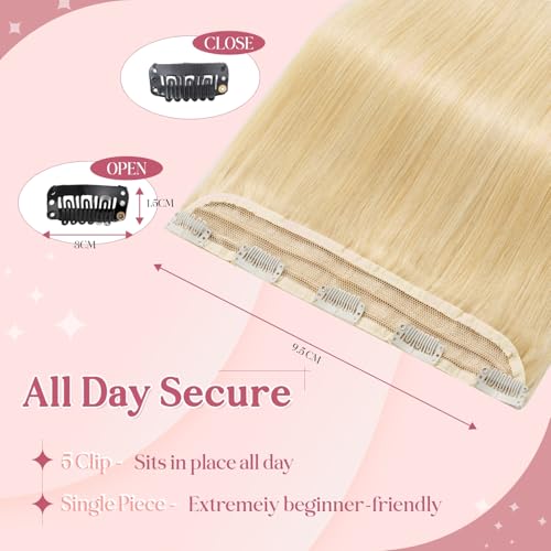 Clip In Hair Extensions for women One Piece 5 Clips Real Human Remy Hair Extension Long Straight Hairpieces for women 18 Inches #613 Bleach Blonde