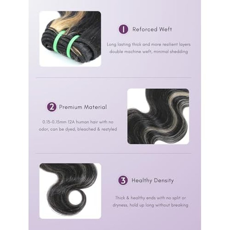Platinum Blonde Highlight Black Mix Color Bundles Body Wave Human Hair, 100% Brazilian Remy Hair Thick Track Bundles #F1B/613 Ombre Skunk Stripe Balayage More Silver (3 Bundles, 10 12 14 Inch)