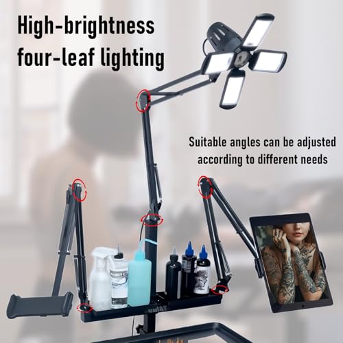 GBK Tattoo Workstation with LED Tattoo Light, Magnetic Tattoo Tray on Wheels,Salon Tray,Phone/Tablet Dual Stands,Tattoo Rolling Trolley for SalonTattoo Studio (Black)