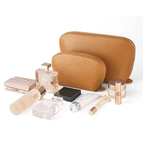 Kattee Leather Makeup Bag, Travel Cosmetic Bag Set, Toiletry Bag Organizer for Women, 1-PACK, Medium, Brown
