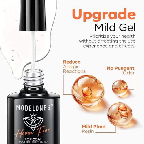 modelones No Wipe Gel Top Coat and Base Coat Set, 2 Pcs Clear Glossy Hema Free Base Top Coat Gel Nail Polish Long Lasting for Fall Nail Polish, Acrylic Nails Soak Off Nail Lamp Nail Art Home Salon