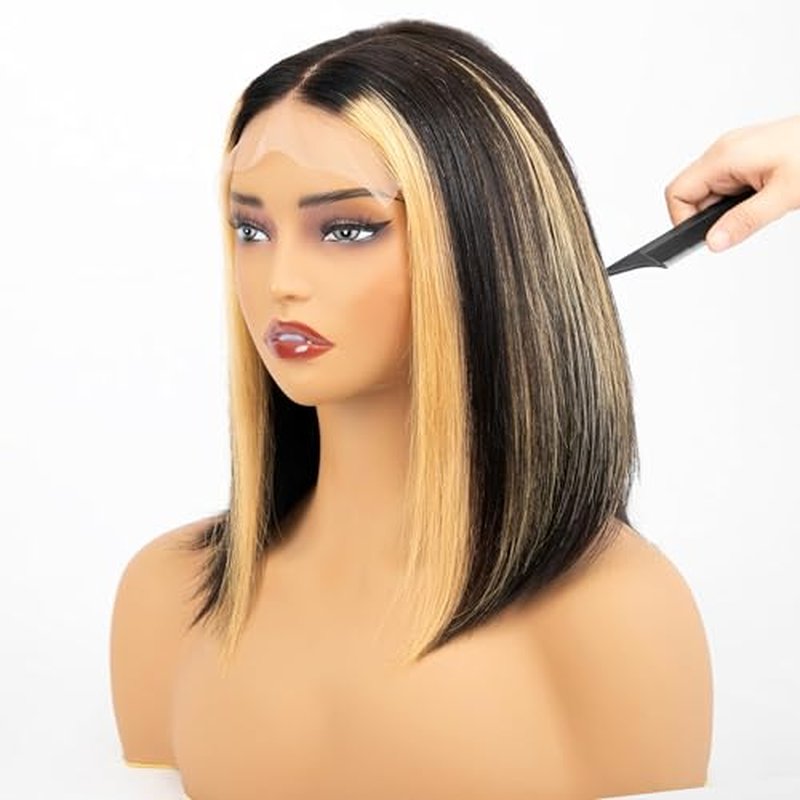 Highlights Bob Wigs Human Hair, Wear and Go Glueless Wigs 5x5 HD Lace Front Short Straight Bob Wigs Pre Plucked Pre Cut for Black Women Transparent Closure Virgri Wigs 180% Density 12 Inch