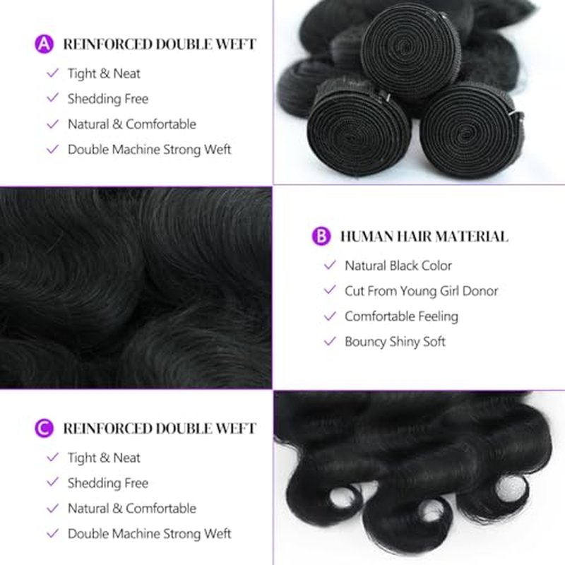 12A Human Hair Bundles 18 20 22 Inch Body Wave 100% Unprocessed Brazilian Virgin Hair 3 Bundles Human Hair Extensions Quick Weave Natural Black