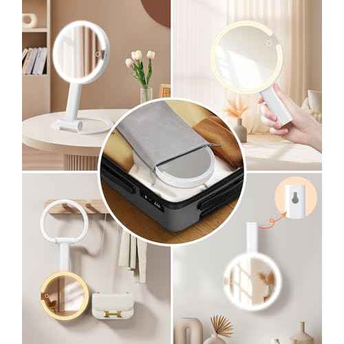 Gospire Magnifying Travel Makeup Mirror with Light 10X 1X Magnifition 2-Sided Lighted Vanity Mirror Rechargeable 3 in 1 Hand Held Desk Hanging, 3 Color Dimmable Lights, White