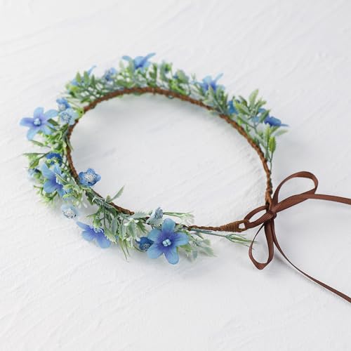 Handmade Blue Flower Crown Flower Wreath for Women Girls Headband Bridal Headpiece Hair Accessories Halo Headdress for Weeding Party Festival Birthday