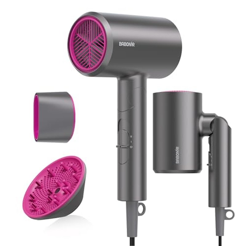 Ionic Diffuser Hair Dryer for Curly Hair, 1875W Fast Drying Blow Dryer with Diffuser and Concentrator Nozzle, Compact & Portable Negative Ion Hairdryer Blowdryer, 3 Heat 2 Speed Settings, Gray
