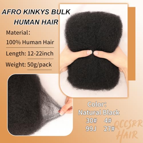Afro Kinkys Bulk Human Hair for Braiding & Twists 12 Inch 50g/Pack, 1B Color Afro Kinkycurly Bundles Human Hair Suitable for Mini Twist, Micro Locs Extensions, Locs Repair & Various Hairstyles