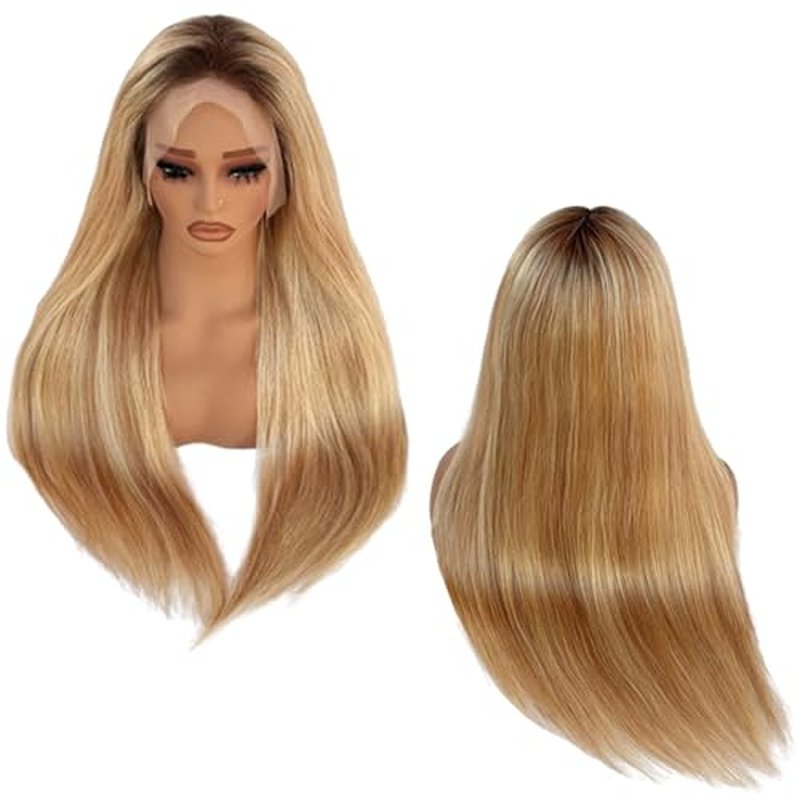 13x6 Medium brown/Golden Brown to Bleach Blonde Highlights Straight Lace front Wigs Human Hair 26in for Black Women HD Lace Glueless Pre Plucked 180% Density Brazilian Virgin Human Hair 26inch