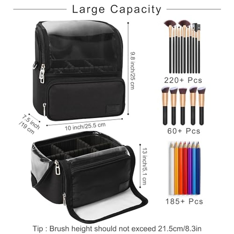TANTO Makeup Brush Case, Extra Large Stand-up Makeup Cup Travel Makeup Brush Bag Foldable Professional Cosmetic Bags Artist Storage Case with Adjustable Divide&Strap (01A-Black£¨X Large£©)