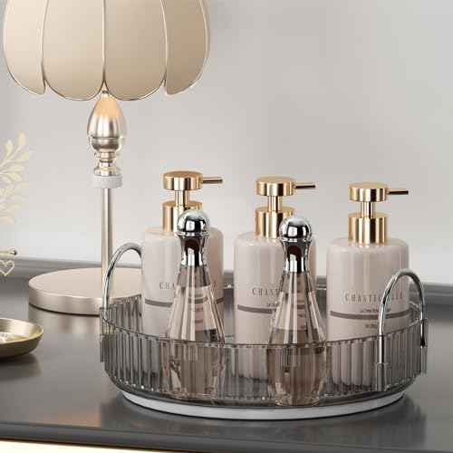 Rotating Makeup Organizer for Vanity, Spinning Cosmetics Storage for Bathroom Countertop, Skincare Holder Rack for Facial Cream, Perfume, Lotion, Lipstick (1 Tier, Smoky Grey)
