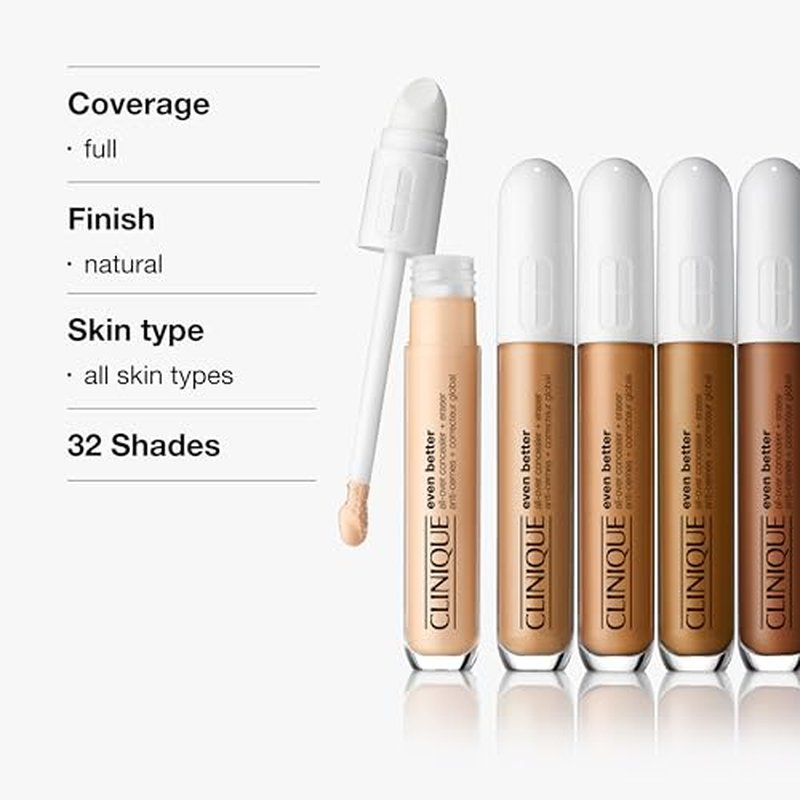 Clinique Even Better All-Over Full Coverage Concealer + Eraser Makeup For Dark Undereye Circles | With Hyaluronic Acid + Caffeine | Hydrating, Brightening + Depuffing