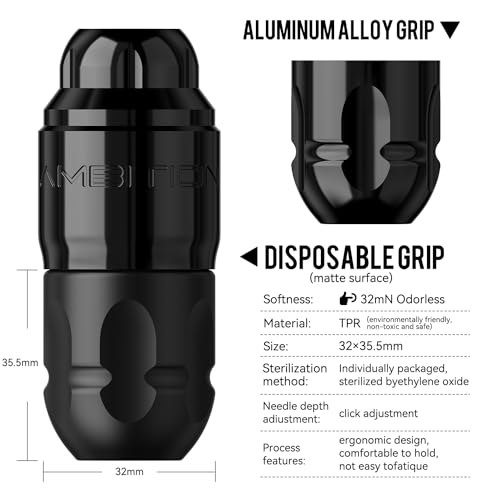Ambition Soldier P1 Disposable Tattoo Grips - 20Pcs 32mm Tattoo Rubber Grip Cover with Click Adjust System Supply for Most Ambition Tattoo Machines, Compatible with Cheyenne Hawk Pen & Sol Nova