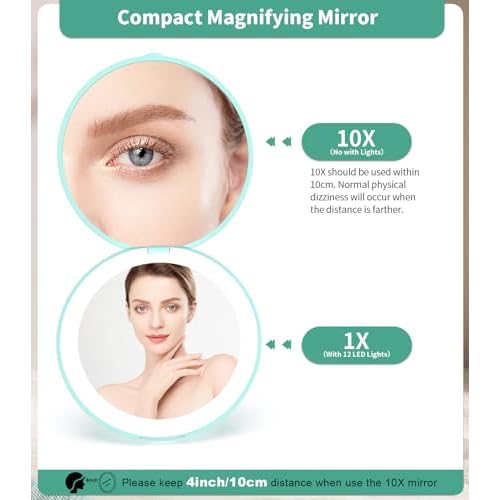 WOBSION LED Lighted Travel Makeup Mirror, 1x/10x Magnification, Compact, Portable for Handbag, Purse, Pocket, 3.5 inch Illuminated, Folding, Handheld, 2-Sided, Round, Cyan