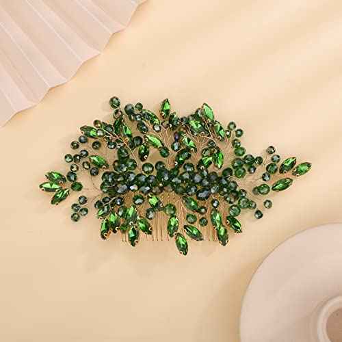 Green Crystal Rhinestone Hair Comb, Handmade Fashion Jewelry Hair Accessory for Women and Girls, Teardrop Rhinestone Headband with Green Beads, Size 15*10CM, Ideal for Wedding and Parties