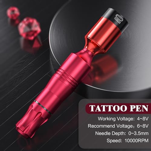 Wireless Tattoo Kit for Beginners - Rotary Tattoo Pen Machine with 1500mAh Battery (4-6H Use), 10 Cartridge Needles, Needle Disposal Container & Complete Pre/Post Care Supplies (Red)