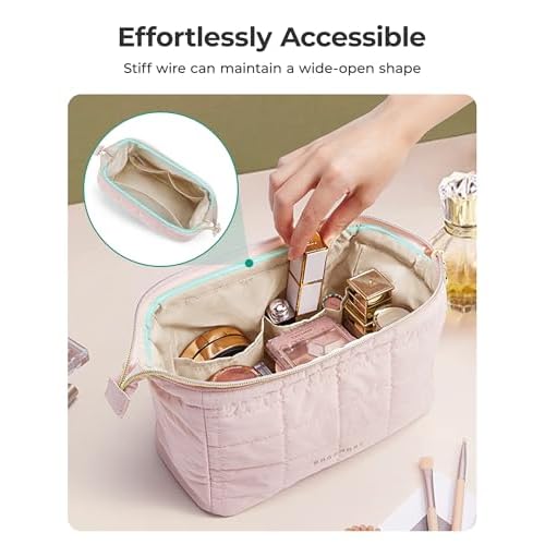 BAGSMART Makeup Bag Travel Toiletry Bag, Puffy Padded Make Up Bags for Women Makeup Organizer Case, Wide-open Pouch Purse Travel Essentials Toiletries Accessories Brushes, Pink