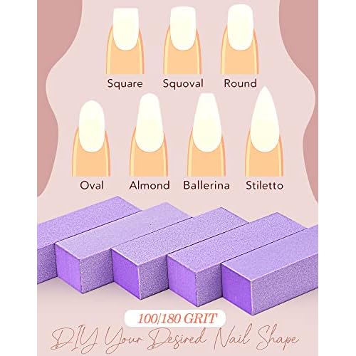 Maryton Nail Buffer Block, Medium/Fine Grit 100/180 Finishing Buffers for Acrylic Nails Gel Polish Nails, 3 Way Professional Pedicure Manicure Buffer Kits, 5 Count (Purple)