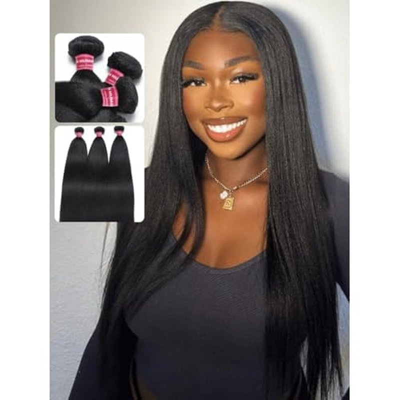 UNICE 12A Silk Yaki Straight Human Hair Weave 3 Bundles Unprocessed Virgin Real Human Hair Weft Sew in Human Hair Extensions for Women 8 10 12inch