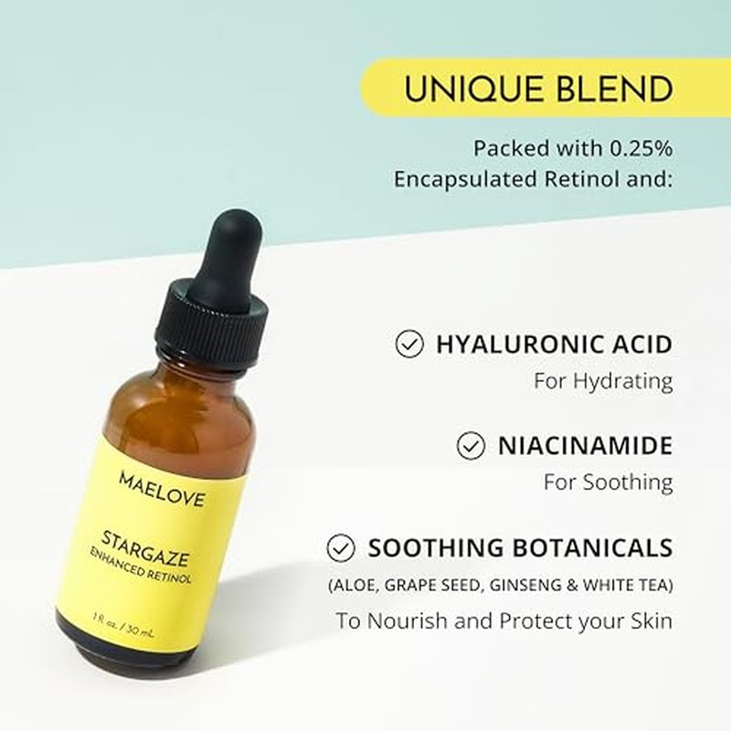 MAELOVE Stargaze Enhanced Retinol Serum, Time-Released 0.25% Retinol for Radiant Skin, Hydrating with Hyaluronic Acid, Niacinamide, Soothing Botanicals, Ideal for Sensitive Skin, USA Made