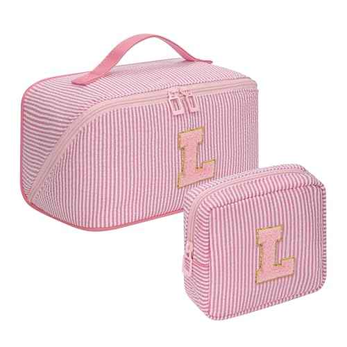Travel Makeup Bag for Women, 2Pcs Portable Personalized Initial Makeup Organizer Bag, Open Flat Large Cosmetic Bag With Travel Essential Pouch (Pink Letter L)