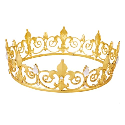 King Crown for Men - Vofler Gold Prince Mens Kings Queen Costume Crowns Royal Medieval Fleur De Lis Metal Headband Cake Topper for Adult Boy Bachelor Homecoming Birthday Prom Halloween Party Golden