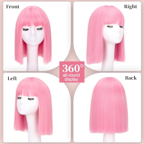 SUKRI Pink Bob Wig With Bangs - Short Straight Bob Bangs Wig, 12Inch Heat Resistant Synthetic Hair, Natural Looking For Daily Party Use