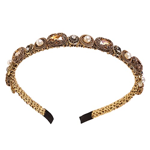 YARN & INK Gold Rhinestone Pearls Headbands for Women Girls, Non Slip Bling Headband Hair Accessories Retro Christmas Gift (Baroque Champagne)