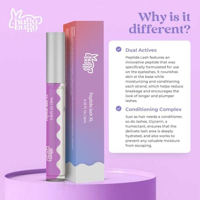 Hunny Bunny Peptide Lash XL - Serum For More Volume, Fuller and Healthier Look - Non-Irritating Formula For Length - Untinted Eyelash Serum Safe For Sensitive Eyes | 60-Day Supply (5mL) Made in USA