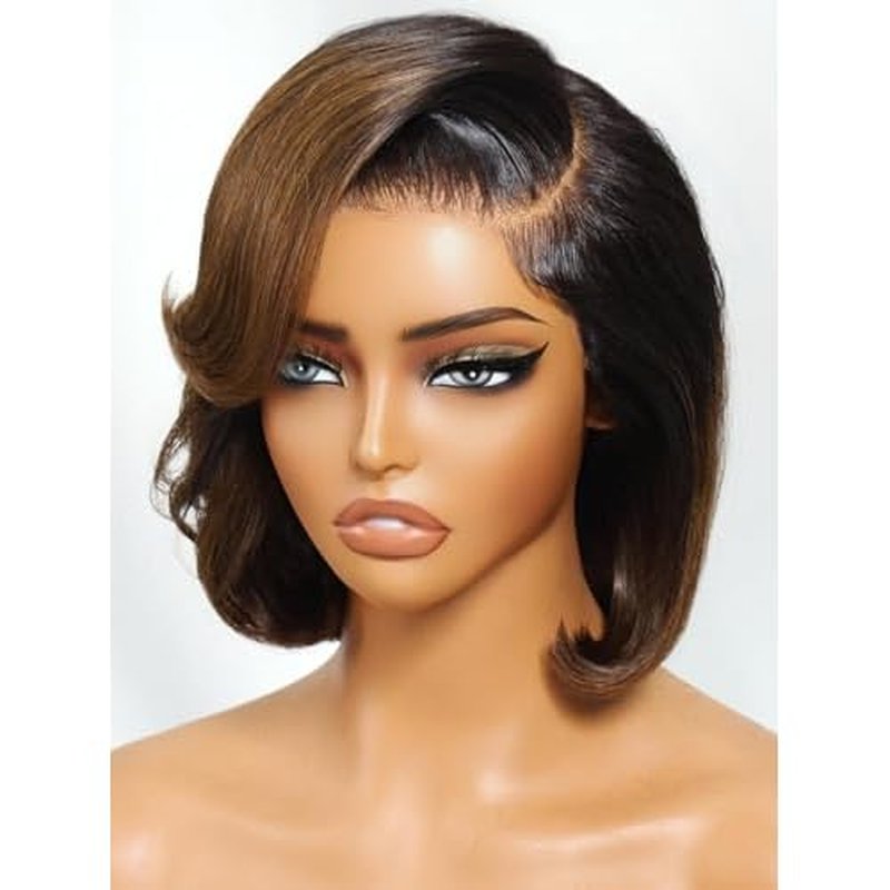 Beauty Forever Side Part Bob Wig Human Hair Ombre Chestnut Brown Glueless HD Lace Bob Drawstring Wig with Face Framing Bangs 150% Density 10 Inches Pre Cut Plucked Bye Bye Knots Ready to Go Short Wig
