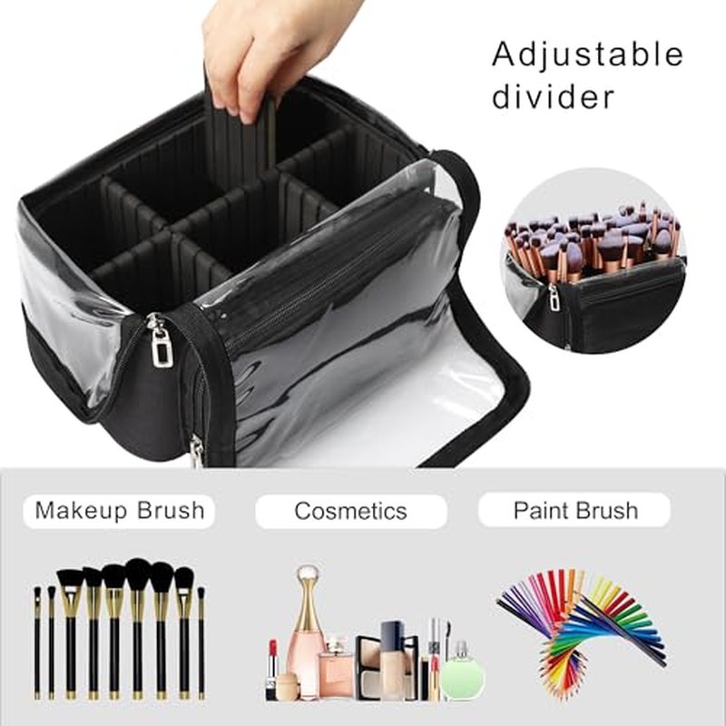 TANTO Makeup Brush Case, Extra Large Stand-up Makeup Cup Travel Makeup Brush Bag Foldable Professional Cosmetic Bags Artist Storage Case with Adjustable Divide&Strap (01A-Black£¨X Large£©)