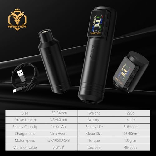 Ambition Ninja Max V2 Tattoo Gun Wireless Tattoo Machine with Extra 1700mAh Power Supply Coreless Motor Digital LCD Display Rotary Cartridge Battery Pen for Professionals Tattoo Artists