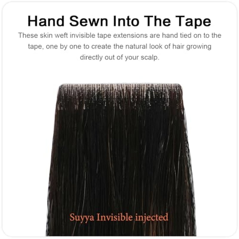 SUYYA Invisible Tape in Hair Extensions Human Hair Seamless Injected Hand-Tied Pro Virgin Human Hair Tape Ins Balayage Natural Black to Chestnut Brown 20PCS 40G/Pack Straight(16 inch #P1B/6/T1B)