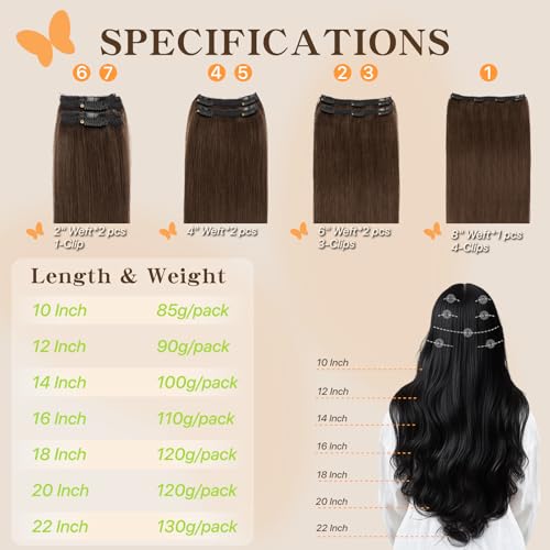 Remy Human Hair Clip in Extensions, Brown, Straight, 12 Inch, 90g, 7 Pcs