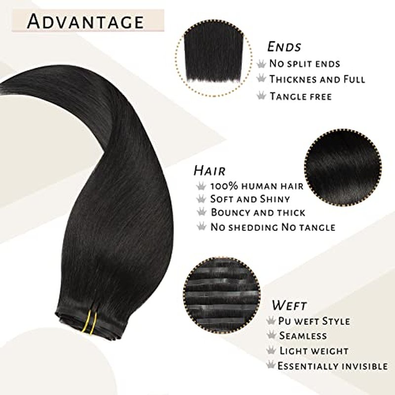 Caliee 18Inch Jet Black Seamless Human Hair Extensions Ultra Invisible Skin Weft Clip ins 7Pcs 110Gram Black Hair Extensions Remy Human Hair Full Head PU Clip on Straight Hair Extensions