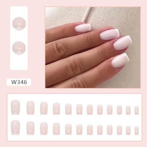White French Tip Press on Nails Short Square Fake Nails Acrylic Nails Press ons Glossy Reusable False Nails for Women Girls Daily Wear Manicure 24pcs