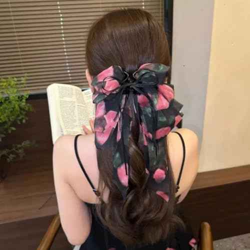 2pcs Bow Hair Claw Clips with Long Tail Tassel Hair Clips for French Hair Styles for Women Girls Ponytail Hair Decorations Accessories (Floral Pattern)