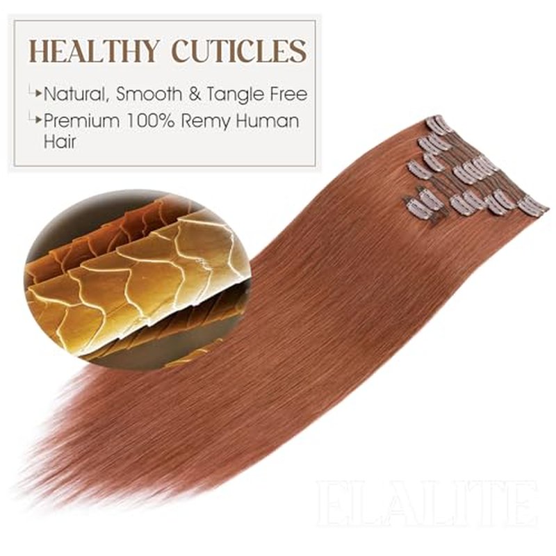 Elailite Clip in Hair Extensions Real Human Hair Double Weft Thick 8pcs Weft Auburn Copper Red 16 Inch 130g Remy Hairpieces Balayage Full Head for Women
