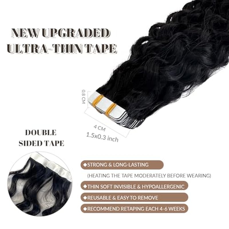 Water Wave Tape in Hair Extensions Human Hair, Natural Black Hair Extensions Real Remy Human Hair Tape ins for Black Women, 24 Inch 100g/pack 40pcs Double Sided Invisible Tape Hair Extension