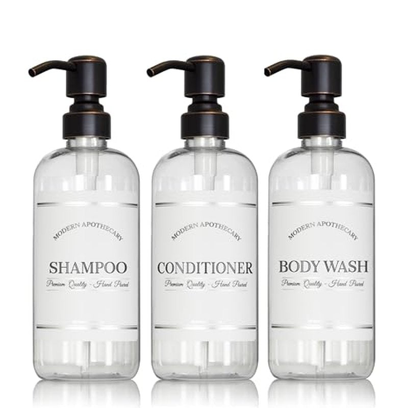 Clear Refillable Shampoo, Conditioner, and Body Wash Bottles - PET Plastic Shampoo Bottles Refillable with Oil Rubbed Bronze Pump - Waterproof Labels - 16 oz, 3 Pack