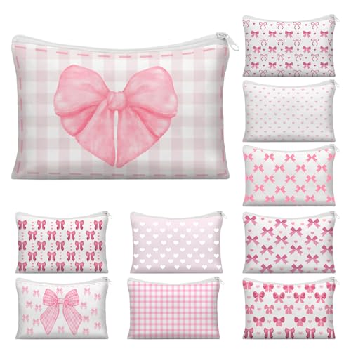 10 Pcs Pink Bow Makeup Bag Coquette Pink Bow Cosmetic Bag for Women Bow Themed Travel Zipper Pouch Coquette Party Favor for Birthday Christmas Graduation