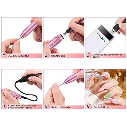 Electric Nail Drill,USB Electric Nail Drill Machine for Acrylic Nail Kit,Portable Electric Nail File Polishing Tool Manicure Pedicure Kit Efile Nail Supplies for Home Salon,Pink