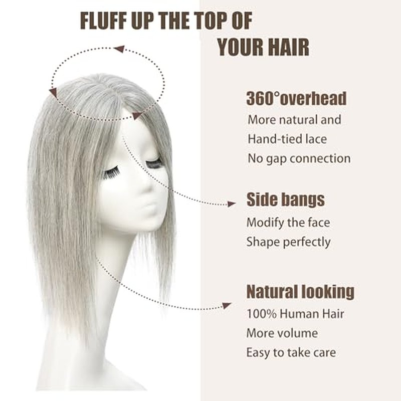 viviaBella Human Hair Hand-tied Swiss Lace Base HairToppers Natural Looking no Bangs, Clip in Real Human HairToupee for Women with Thinning Hair 4.3"X4.7" Big Coverage 12 Inch Hairpieces (Pepper Salt)