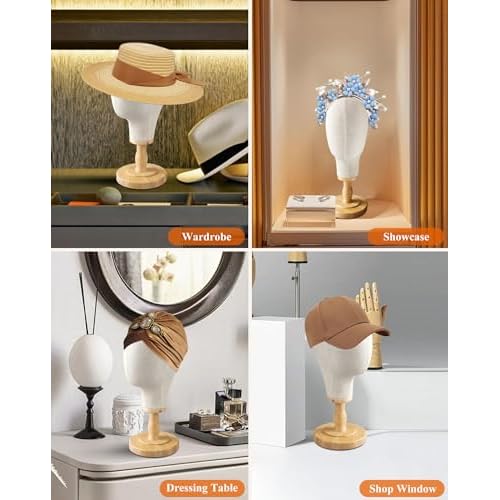 CHADWICK Wig Head Stand Mannequin Head Hat Display Stand Linen Wig Holder, Hat Rack Fabric Head, Canvas Dome + Detachable Wood Stand, Wig Display Model Head Wig Stand for Wigs, Hats, Caps, Headdress