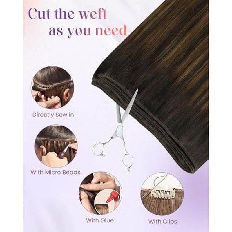 LaaVoo Sew in Hair Extensions Human Hair Balayage Brown Weft Hair Extensions Sew in Doble Weft Extensions Dark Brown Ombre Light Brown 20 Inch 100g