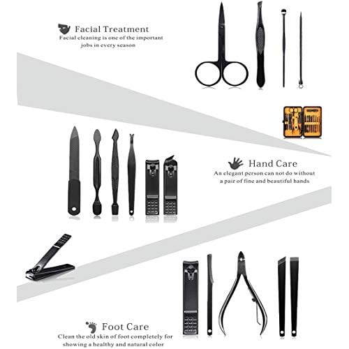Professional Stainless Steel Nail Clipper Travel & Grooming Kit Nail Tools Manicure & Pedicure Set of 15pcs with Luxurious Case (Black/Yellow)