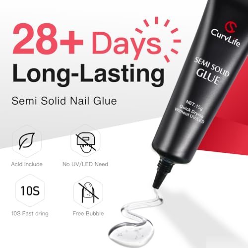 Curvlife Super Strong Nail Glue 15g for Press On Nails - Quick Drying, Semi Solid, Long Lasting, No UV Light Needed